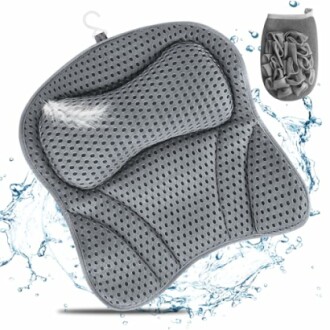 Oreiller de bain gris avec ventouses et housse.