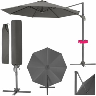 Parasol de patio gris avec support et housse.