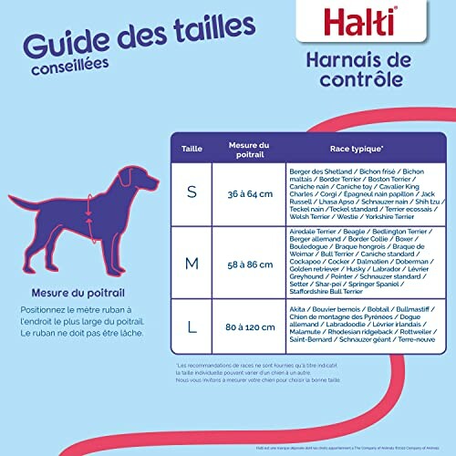 Guide des tailles pour harnais de contrôle pour chiens.