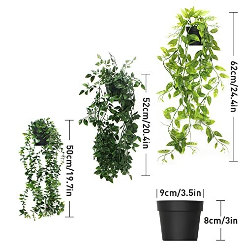 Trois plantes artificielles suspendues avec pots et dimensions.