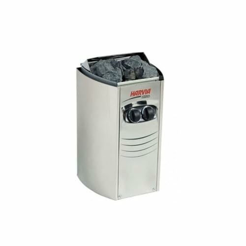 Chauffe-sauna en acier inoxydable avec pierres sur le dessus.