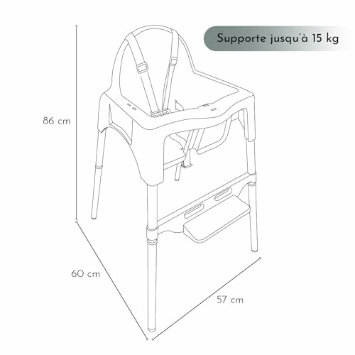 Chaise haute avec sangle et repose-pieds, supporte jusqu'à 15 kg.