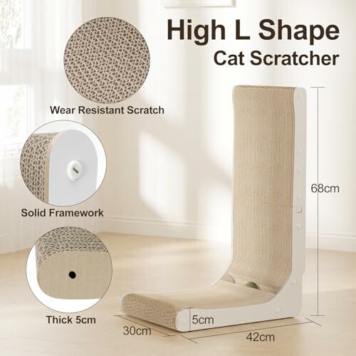 Grattoir pour chat en forme de L avec cadre solide et surface résistante.