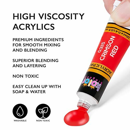 Tube de peinture acrylique rouge avec texte descriptif.