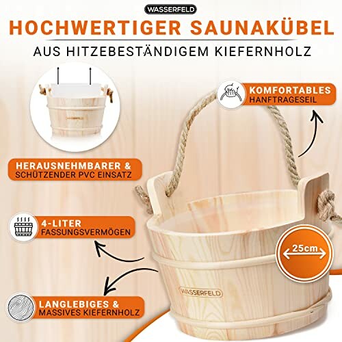 Seau de sauna en bois de pin résistant à la chaleur avec poignée confortable et insert PVC.