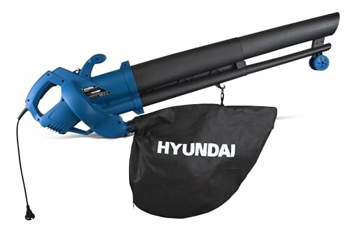 Souffleur de feuilles électrique bleu avec sac de collecte.
