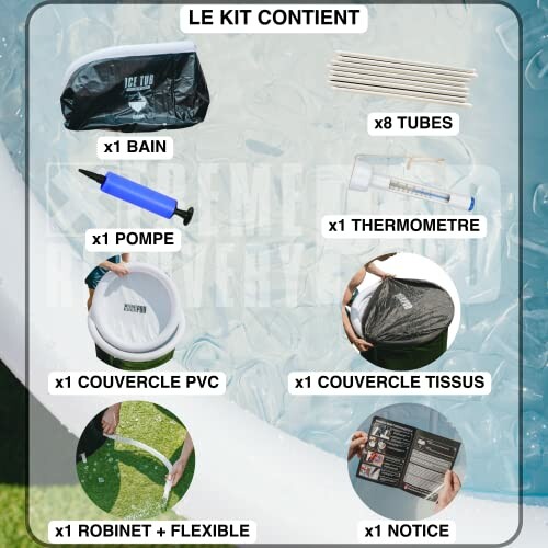 Contenu du kit de bain glacé avec accessoires.
