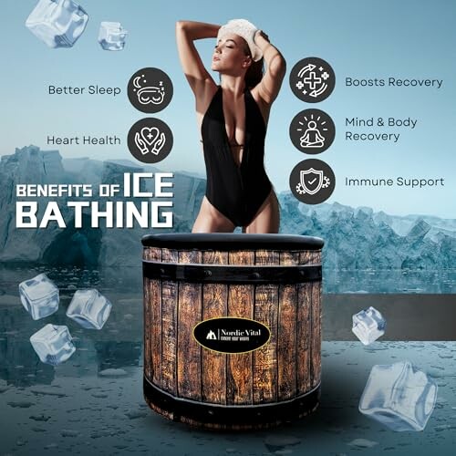 Femme prenant un bain de glace avec avantages pour la santé affichés.