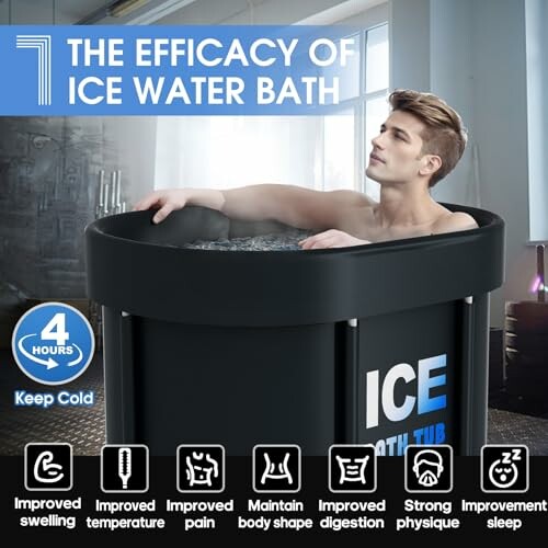 Homme dans un bain de glace avec des avantages listés.