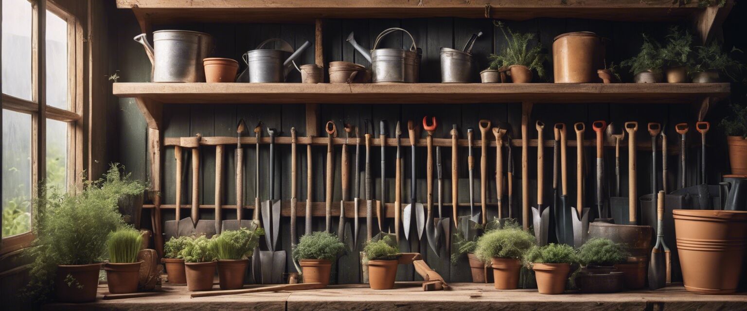 Assorted gardening tools in a shed