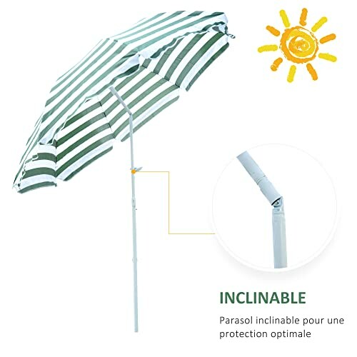 Parasol rayé inclinable avec protection solaire.