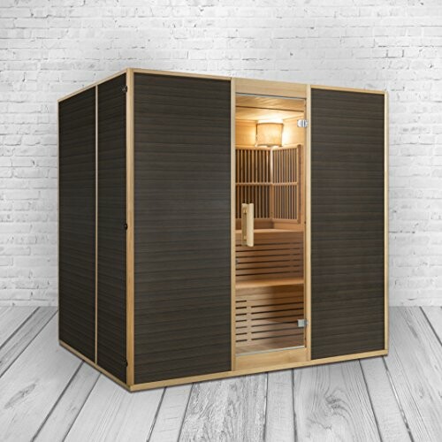 Sauna intérieur avec panneaux en bois.