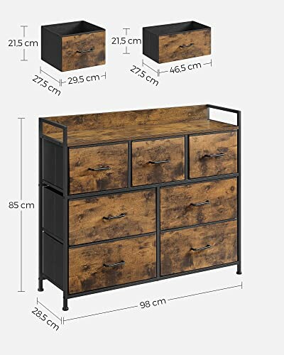 Commode industrielle avec tiroirs en bois et métal noir, dimensions détaillées.