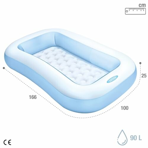 Piscine gonflable pour bébé de couleur bleue avec dimensions.