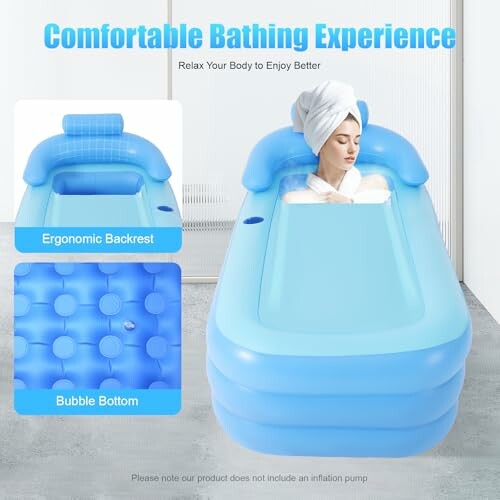 Femme se relaxant dans une baignoire gonflable bleue avec dossier ergonomique.