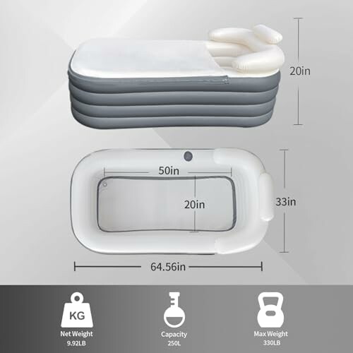Dimensions d'une baignoire gonflable avec oreiller intégré.