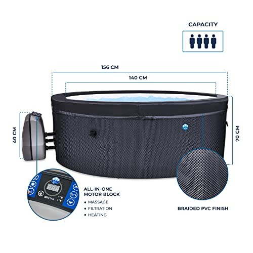 Dimensions d'un spa gonflable avec détails techniques.