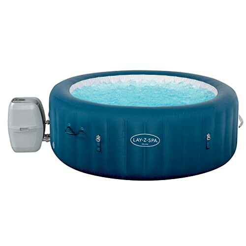 Bain à remous gonflable bleu avec système de pompe.