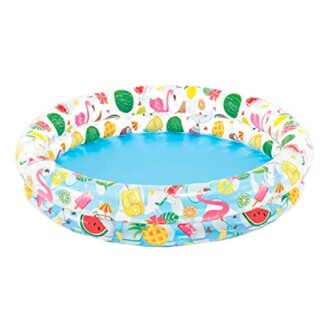 Piscine gonflable pour enfants avec motifs de fruits et flamants roses.