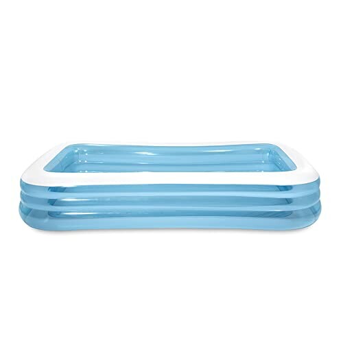 Piscine gonflable rectangulaire bleue et blanche.