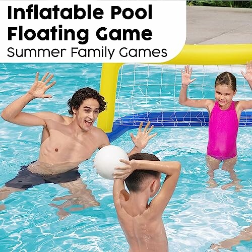 Jeu gonflable de piscine avec des enfants et un adulte jouant.