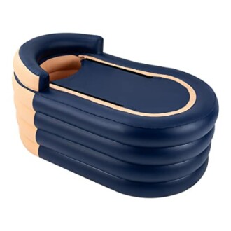 Baignoire gonflable portable bleue et beige.