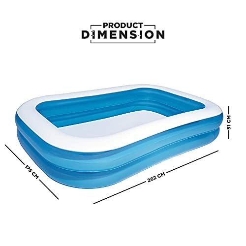 Piscine gonflable rectangulaire avec dimensions indiquées.