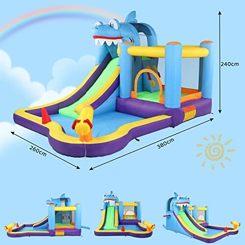 Château gonflable avec toboggan et thème de requin pour enfants.