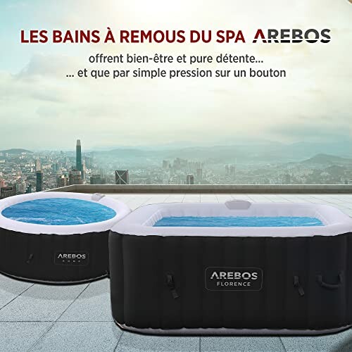 Deux spas gonflables Arebos sur une terrasse avec vue sur la ville.