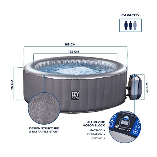 Spa gonflable avec capacités et caractéristiques en surbrillance.