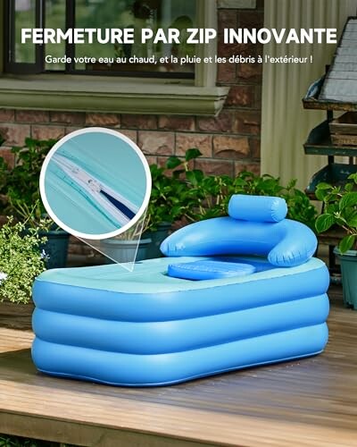Couvercle gonflable bleu avec fermeture éclair innovante.