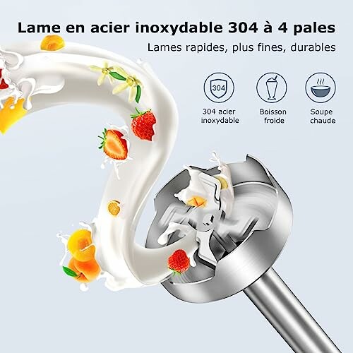 Lame de mixeur en acier inoxydable avec fruits et lait