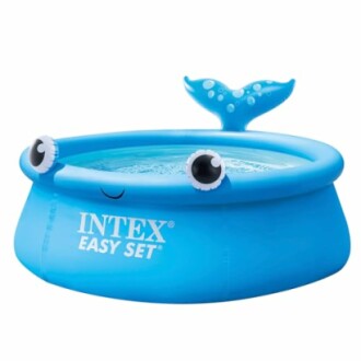 Piscine gonflable bleue avec motif de baleine.