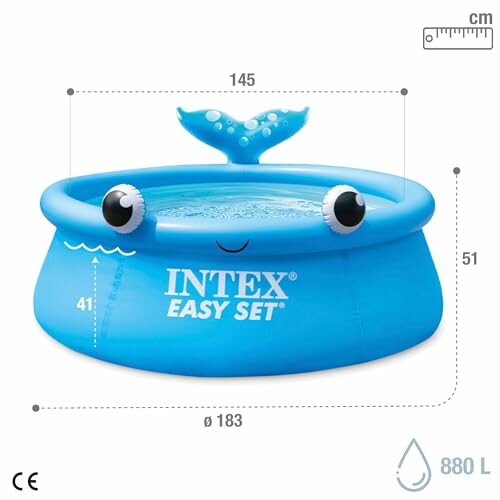 Piscine gonflable bleue avec motif de baleine.