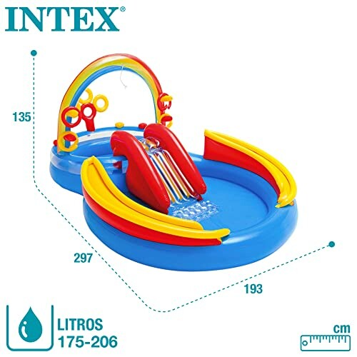 Piscine gonflable pour enfants avec toboggan et jeux colorés.