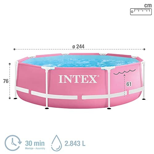 Piscine rose Intex avec dimensions et capacité.