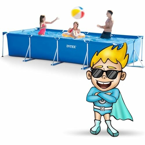Piscine rectangulaire Intex avec des personnes jouant et un personnage de dessin animé.