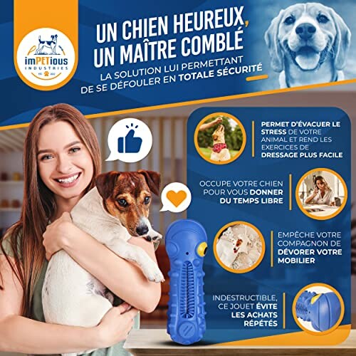 Publicité pour un jouet indestructible pour chien avec une femme souriante tenant un chien.