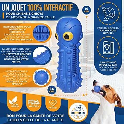 Jouet interactif bleu pour chien avec caractéristiques et informations.