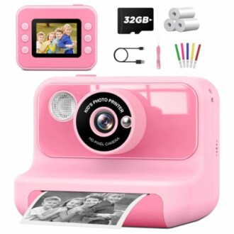 Appareil photo rose pour enfants avec imprimante intégrée.