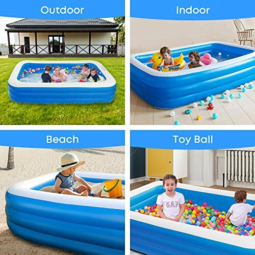 Enfants jouant dans une piscine gonflable bleue.