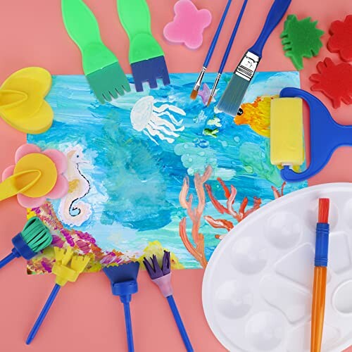 Outils de peinture pour enfants avec scène sous-marine.