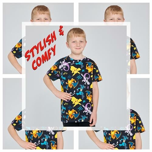 Enfant portant un t-shirt imprimé Pokémon coloré.