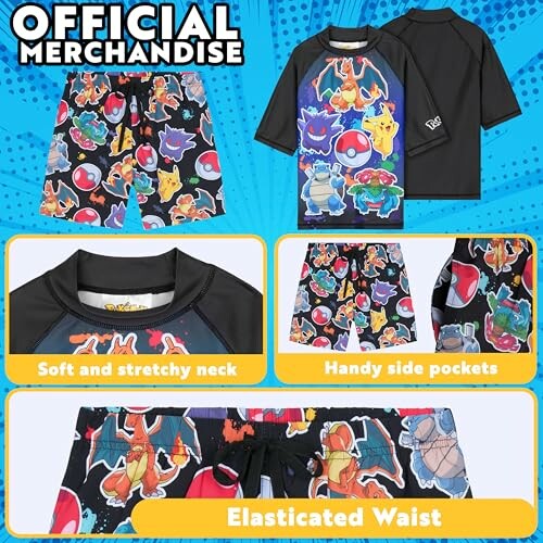 Maillot de bain pour enfants avec personnages Pokémon colorés.