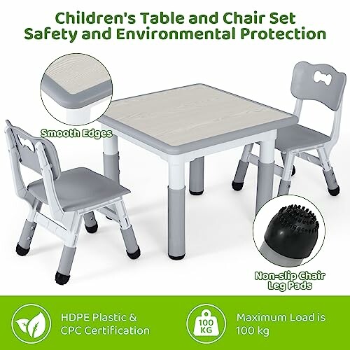 Table et chaise pour enfants avec bords lisses et patins antidérapants.