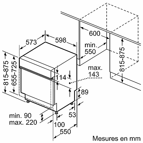 Schéma de dimensions d'un appareil de cuisine intégré.