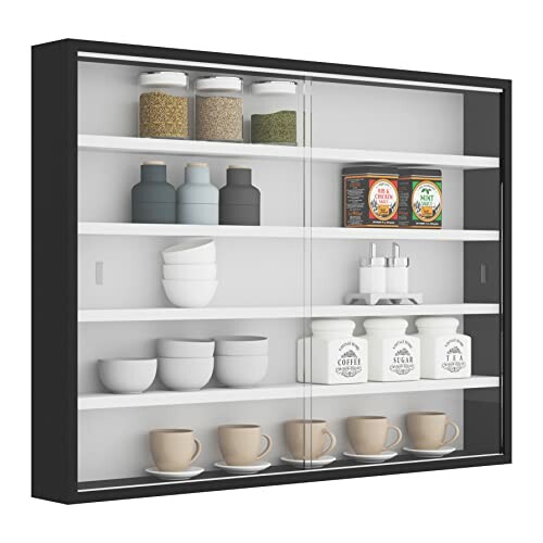 Armoire de cuisine avec étagères remplies de tasses, bocaux et boîtes.