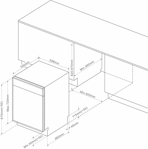 Schéma des dimensions d'un lave-vaisselle encastrable.