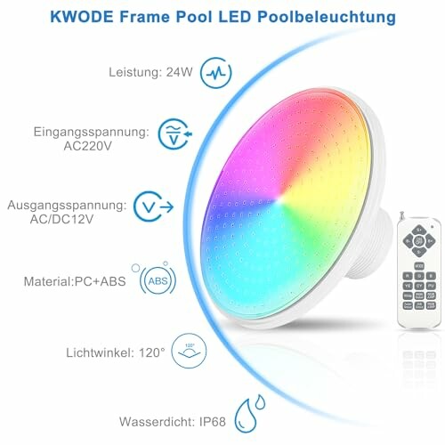 Lumière LED de piscine avec télécommande et spécifications techniques.