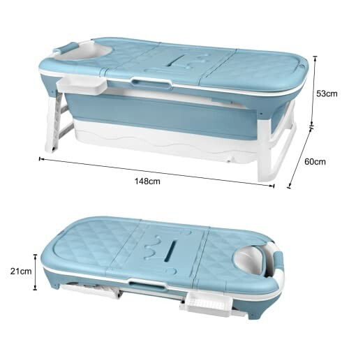 Grande baignoire pliable bleue avec dimensions affichées.